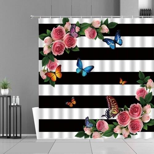 Floral Butterfly Black And White Striped Shower Curtain Pink Rose Flower Green Leaf Plaid Home Bathroom Decor Hooks Curtains Set