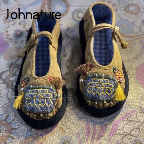 Johnature 2020 New Embroider Flats Women Shoes Cotton Fabric Mixed Colors Casual Buckle Strap Round Toe Handmade Ladies Shoes