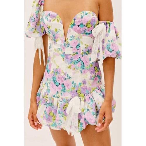 BOHO INSPIRED Puff sleeve V-wire front sexy dress for women Lace bowtie cute ladies dress floral print summer dress mini 2021