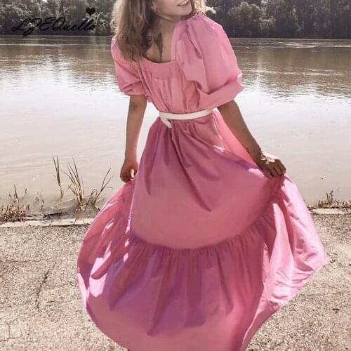 Women Oversize Loose Long Dress Fashion Pink Puff Sleeve Square Collar High Waist Ruffles Pleated Hem Party Vestidos NZ3532