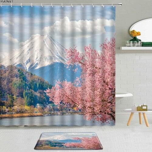 2Pcs Mount Fuji Pink Cherry Blossom Shower Curtain Attic Scenery Polyester Fabric Non-Slip Bath Mat Hanging Curtain Bathroom Set