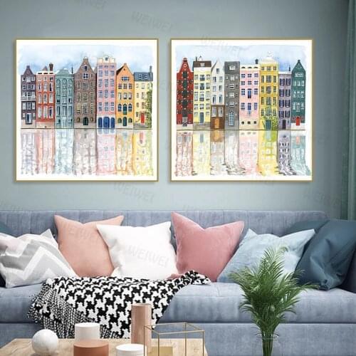 Abstract Modern City Building Colourful Illustration Reflection Canvas Print Painting Poster Wall Art Picture Bedroom Home Decor