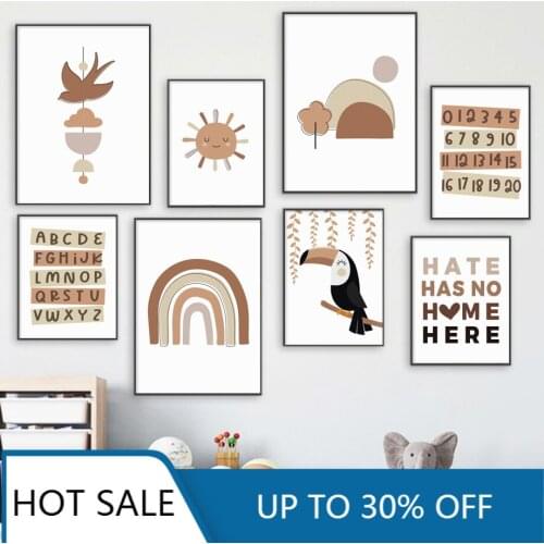 Abstract Cartoon Mountain House Toucan Alphabet Nordic Posters Prints Wall Art Canvas Painting Pictures For Kids Room Decoration