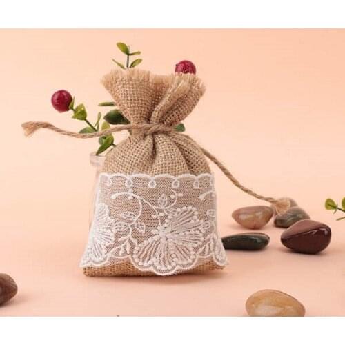 Free shipping Natural Jute Bags White Lace Jute Bag Gift Sweets Bags with 4''x 6