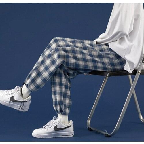 Plaid Pants Men Loose Oversized Wide Leg Baggy Ins Vintage Teens Straight Trousers Breathable Hip Hop Casual Elastic Unisex Pant