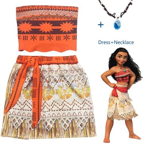 Disney Princess Moana Cosplay Costume for Children Vaiana dress Costume with Necklace for Halloween Costumes for Kids Girls Gift