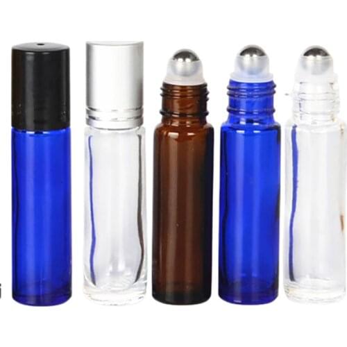 10ml Amber Blue Green Clear Refillable Glass Perfume Roll On Bottle with stainless steel roller ball for essential oil 24pcs