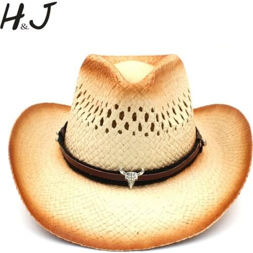 Women Men Western Cowboy Hat With Punk Bull Head Band Straw Lady Dad Beach Sun Sombrero Cap Mesh Cowgirl Jazz Hat Size 58CM