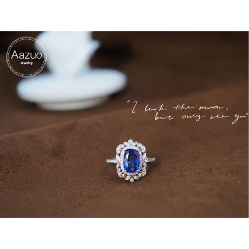 Aazuo 18K White Solid Gold Natural Blue Sapphire 1.6ct Real Diamonds Classic Rectangle Ring for Women Senior Banquet Party