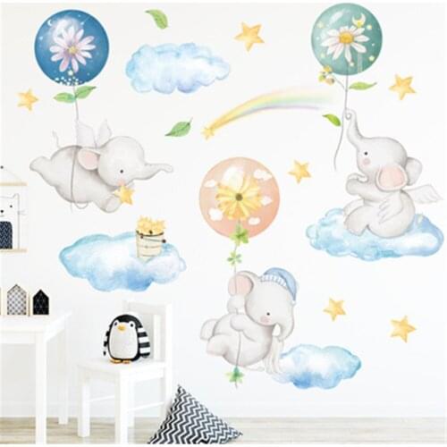 Cartoon Balloon Elephant Wall Stickers Kids Room Baby Bedroom Background Decoration Cartoon Animals Wallpaper Home Decoration