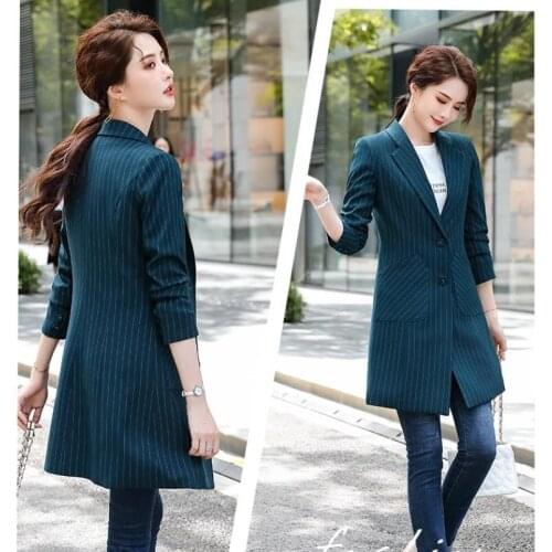 2021 Autumn Womens Trench Coat Femme Long Windbreaker Formal Temperament Cardigan Coat Stripe Blazer Clothing Blue