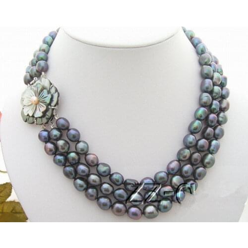 Natural freshwater pearls 3Strds Black Pearl Necklace Flower Clasp