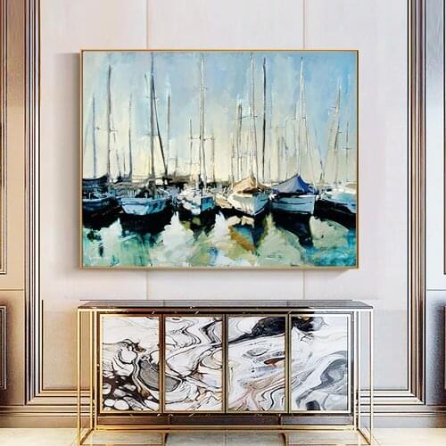 Hand Painted Abstract Boats Oil Painting On Canvas Handmade Modern Decoration Artwork Abstract Landscape Oil Paintings Unframed