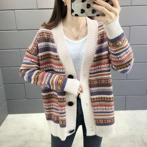 2021fashion Retro Cardigan Jacquard V-neck Long-sleeved Sweater Jacket Autumn Casual All-match Single-breasted Knitted Women