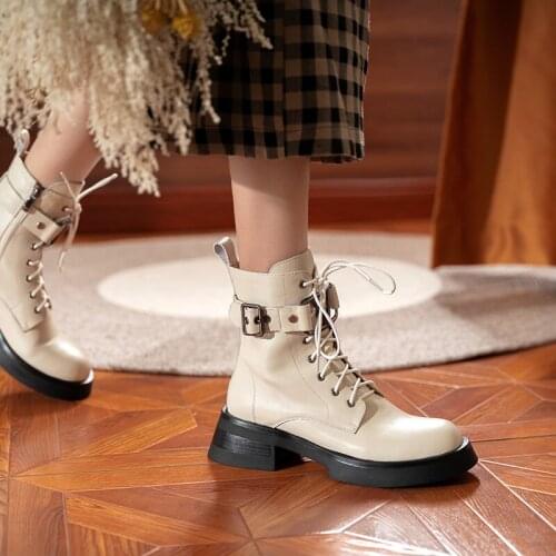 2021 winter Genuine Leather Women Boots fashin ZIP Ankle Boots Round Toe Thick Heel Platform Shoes Cross-tied Women Shoes