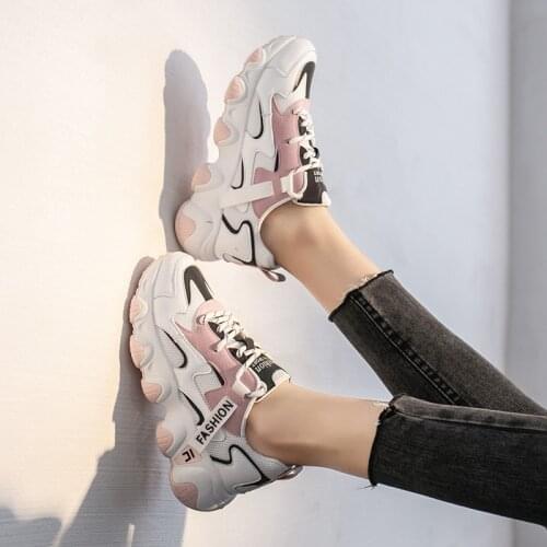 Fashion Korean Women Sneakers Casual Shoes Woman Lace Up Thick Sole Chunky Platform Sneakers 2020 Spring Female Shoes Breathable