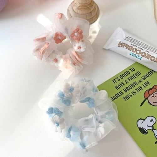 Women Sweet Embroidered Flowers Scrunchy Girls Organza Hair Rope Ponytail Holders Rubber Elastic Bands Net Yarn Hair Accessories
