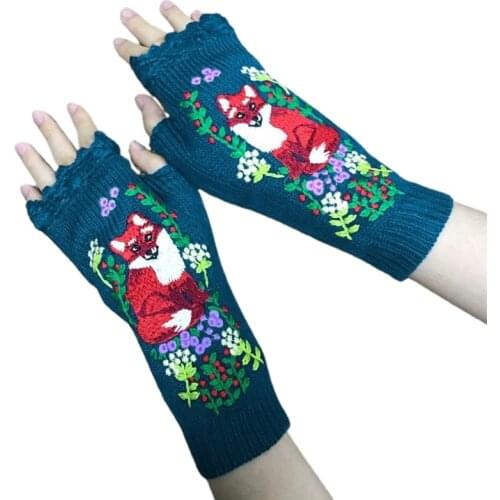 Women Winter Knit Lengthen Wrist Fingerless Gloves Colorful Animal Embroidery Crochet Thumbhole Mittens Arm Warmers