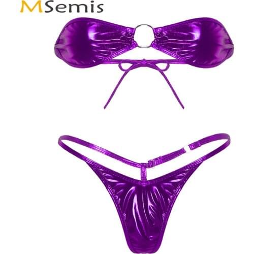 Womens Shiny Metallic Micro Bikinis Exotic Holographic Lingerie Set Sexy Beach Party Swimsuits Strapless Bra with G-String Thong