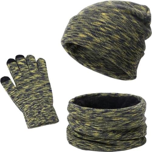 Winter Colorful Knit Beanie Hat Plush Lined Circle Scarf Touch Screen Gloves Set Q1QA