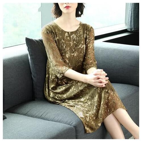 2021 Elegant Fashion Middle Age Women Imitation Silk Midi Dresses Female Casual Vintage Print Dresses Bodycon Party VestidosB146