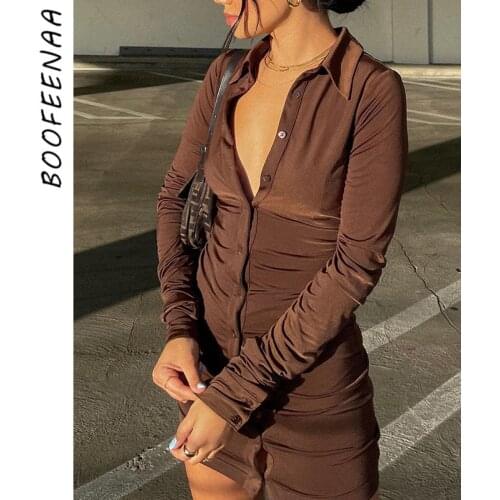 BOOFEENAA Button Up Ruched Long Sleeve Bodycon Mini Dress Womans Fashion 2021 Autumn Clothes Sexy Brown Black Dresses C92-CI28