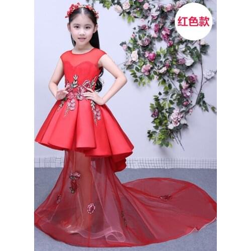 Baby girls elegant train lace dresses children satin pink purple red kids long tail evening gown party wedding christmas