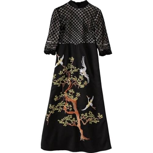 Embro Mill Chinese style women black dress vintage floral embroidery elegant lady slim beautiful Qipao dress S-XXL