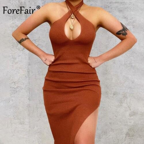 Forefair 2021 Hollow Out Sexy Dress Women Black Knitted Y2K Backless Summer Brown Halter Neck Bodycon Midi Dresses Beach Party