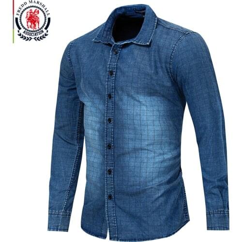 Fredd Marshall 2018 Autumn Denim Jean Shirt Cotton Washed Plaid Checked Shirt Long Sleeve Casual Shirts Male Brand Clothes 163B