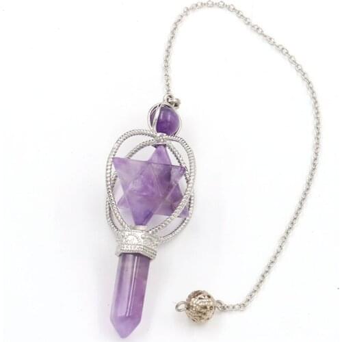 FYSL Silver Plated Wire Wrap Lucky Star Point Amethysts Stone Pendant Link Chain Black Agates Jewelry