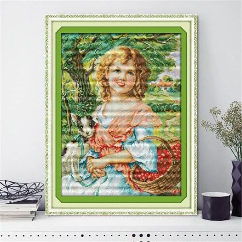 HUACAN Embroidery Cross Stitch Girl Sets Kits White Canvas Home Decoration Fruit Patterns Needlework 11CT 14CT DIY Gift