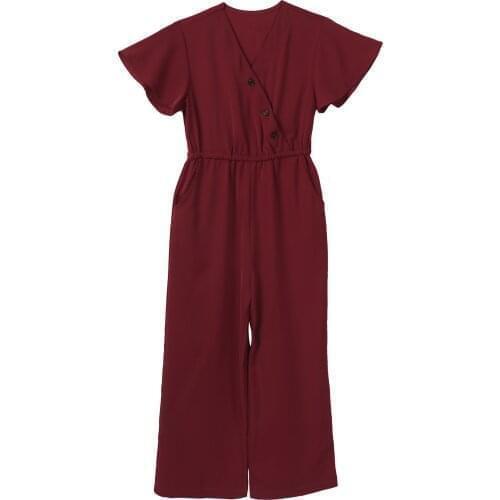 Kids Girls Overalls Casual Solid Color V Neck Flutter Sleeves High Waist Wide Leg Long Pants Jumpsuit Outfit Summer Girl Clothes
