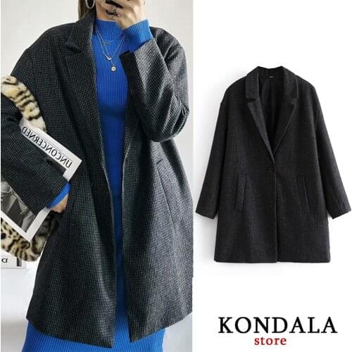 KONDALA Womens Jackets Za 2020 Vintage Office Lady Cotton Long Jackets Winter Autumn Thick Female Coat Mujer Plaid Print Blazer