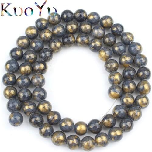 Black Jades Stone Beads Plated Gold Round Loose Spacer Bead For Jewelry Making Diy Bracelet Accessories 4 6 8 10 12 mm 15"Strand