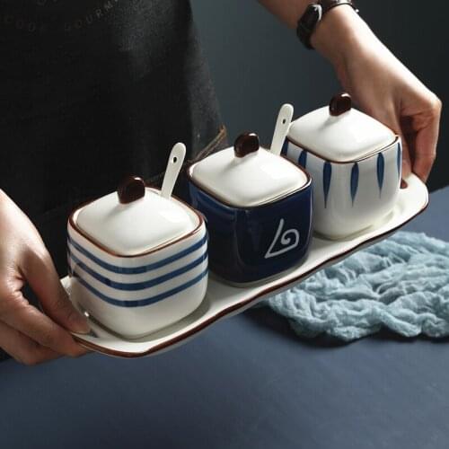 Kitchen Seasoning Containers Ceramic Two-Piece Set Combination Japanese Seasoning Jar Seasoning Box Salt Jar Household