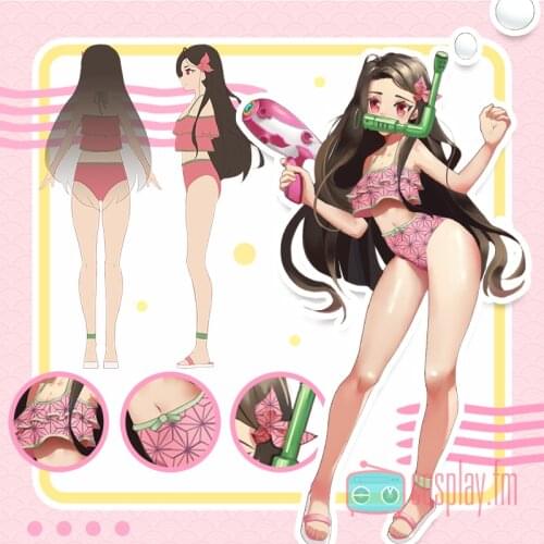 Demon Slayers Blade COS Swimsuit Kamado Nezuko Female Anime Cute Split Lace Swimwear