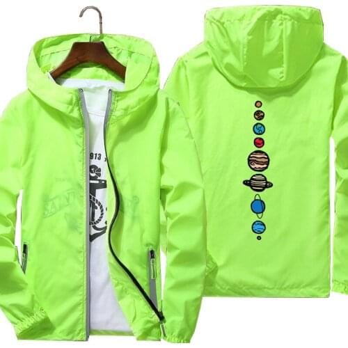 Summer Mens Casual Nine Planets Universe Solar System Windbreaker Reflective Sunscreen Skin Zipper Hooded Jacket Plus Size 7XL