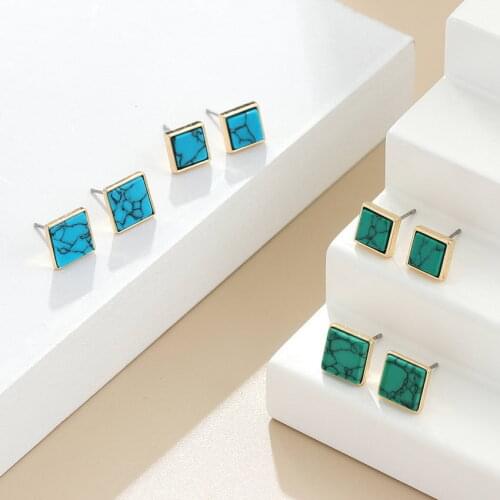 Small Geometric Square Turquoise Stone Earrings with Gold Color Frame Fashion Simple Women Earrings Jewelry Gifts