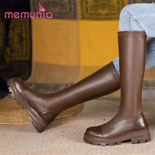 MEMUNIA Genuine Leather Shoes Zipper Thick Heels Platform Knee High Boots Leisure Simple Female Boots Winter Retro Hand Made