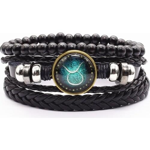 New Free Shipping 3 Pcs/set Zodiacs Aries Taurus Charm Weave Beads Black Leather Bracelets Men Women Homme Femme Male Jewelry