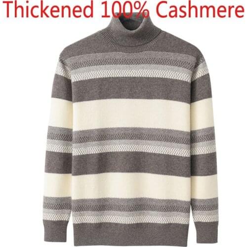 New High Quality Autumn Winter Men Striped Pullover 100% Pure Cashmere Turtleneck Computer Knitted Sweater Plus Size M-3XL 4XL