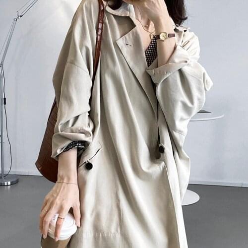 Autumn Winter 2021 Womens Windbreaker Long Korean Style Casual Loose Solid Long Sleeve Chic Jacket Outerwear Overcoat Female