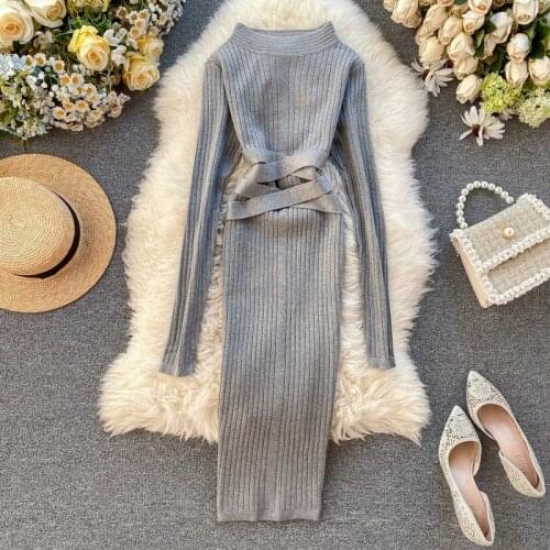 Fall/winter Women Knitted Dress Bodycon Long Sleeve Slim Dress Urban Ladies Cross Sashes Solid Groove Long Pencil Dresses