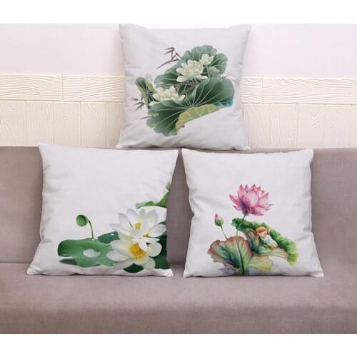 Watercolor Lotus Flower Plush Throw Pillowcase Print Pillow Case 45*45cm Decor Plant Cushion Cover for Sofa Home Pillow Covers
