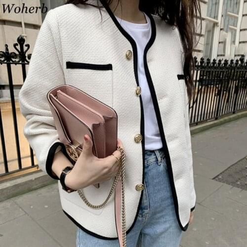 Woherb Chic Korean Woman Jacket Single-breasted Long-sleeved Tops Minimalism Coat Elegant Spring Autumn Office Lady Coats
