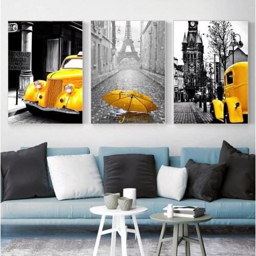 Nordic Canvas Painting Retro European City Scenery Picture Home Decor Wall Art Yellow Car Balloon Posters and Prints for Bedroom