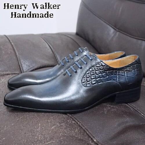 Luxury Men Oxford Shoes Lace up Split Toe Coffee Black Formal Men Dress Shoes Suede Patchwork Crocodile prints Leather Shoes Men