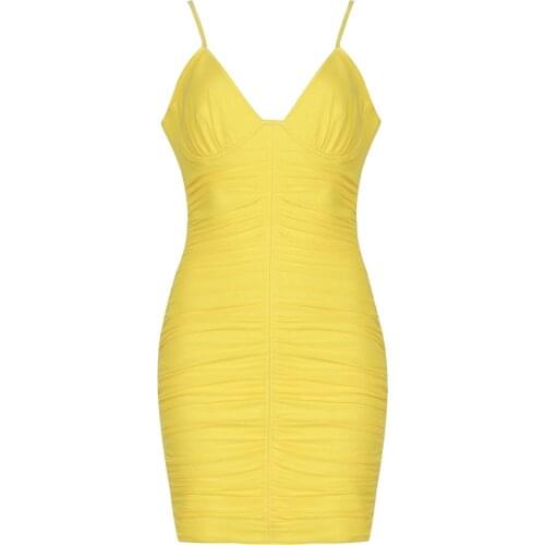 Party Dresses For Women Bodycon Mini Bandage Dress Sexy Spaghetti Strap Yellow Club Celebrity Elegant Clothing