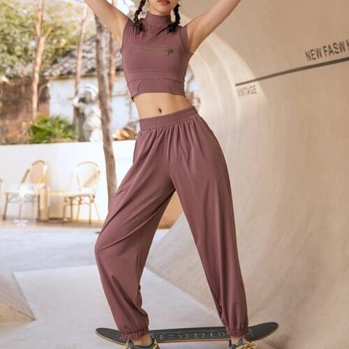 Women Sports Pants Solid Color Middle Waist Elastic Loose Ankle-Length Slacks with Pockets for Girls 5 Colors